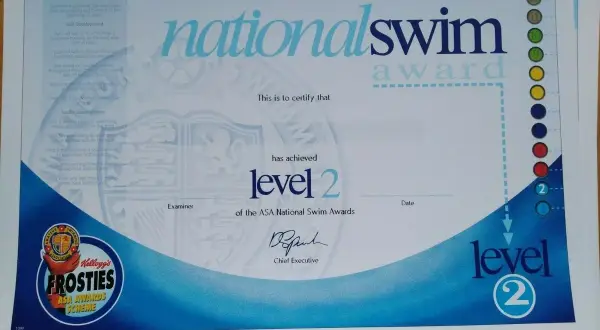 A swim certificate for National Swim Award Level 2, featuring Kellogg's Frosties ASA Awards Scheme.