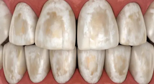 Close-up of stained teeth, showing discolored enamel with brown and white patches, reminiscent of swimmers teeth.