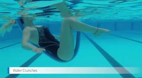 Woman performing water crunches in a pool, using a pool noodle for support. The water's surface reflects the light above.