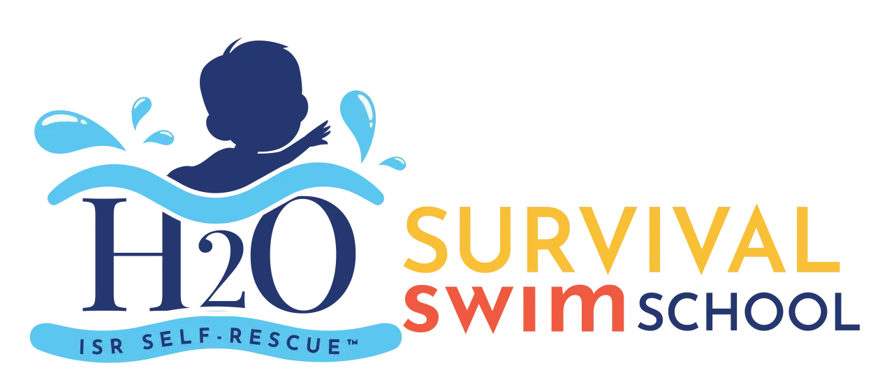H2O Survival Swim School logo, featuring a baby silhouette in water. Learn ISR self-rescue vs. traditional swim lessons.