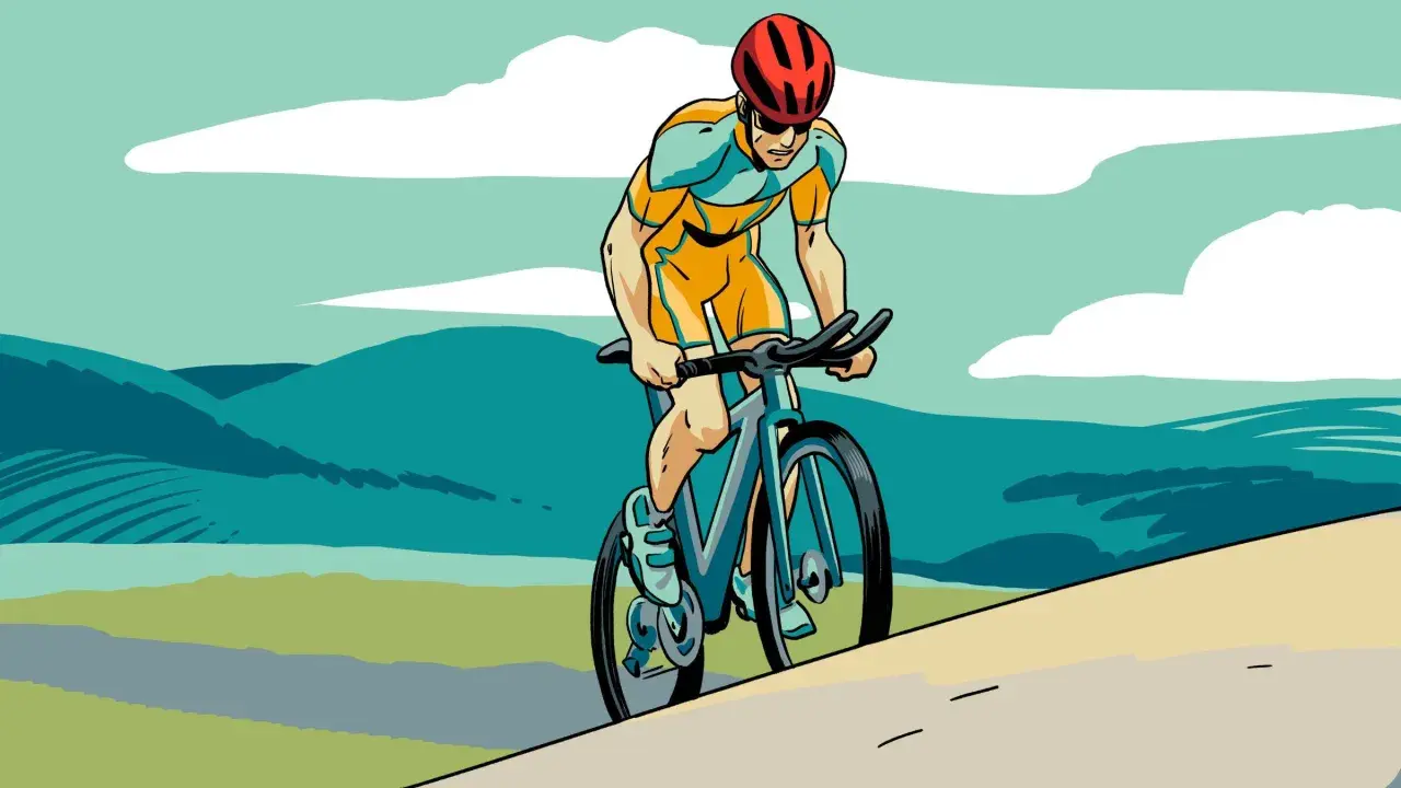 Cyclist in orange and blue gear, focused on their 10 week sprint triathlon training plan, races through a stylized landscape of rolling hills and clouds.