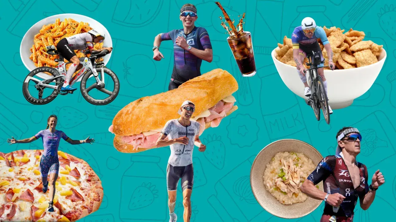Triathlon nutrition: Athletes race past pasta, pizza, sandwiches, cereal, and rice dishes, fueling their endurance.