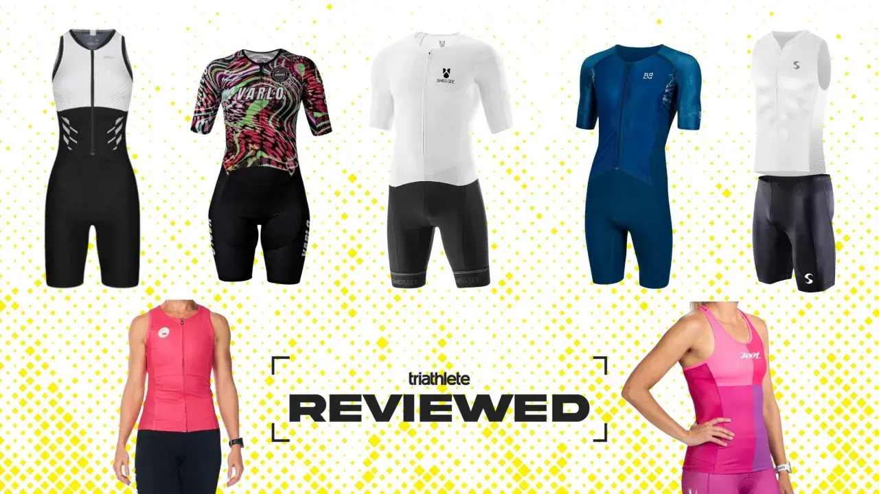 A collection of triathlon clothing, including full suits and separates in various colors and styles, ready for review.