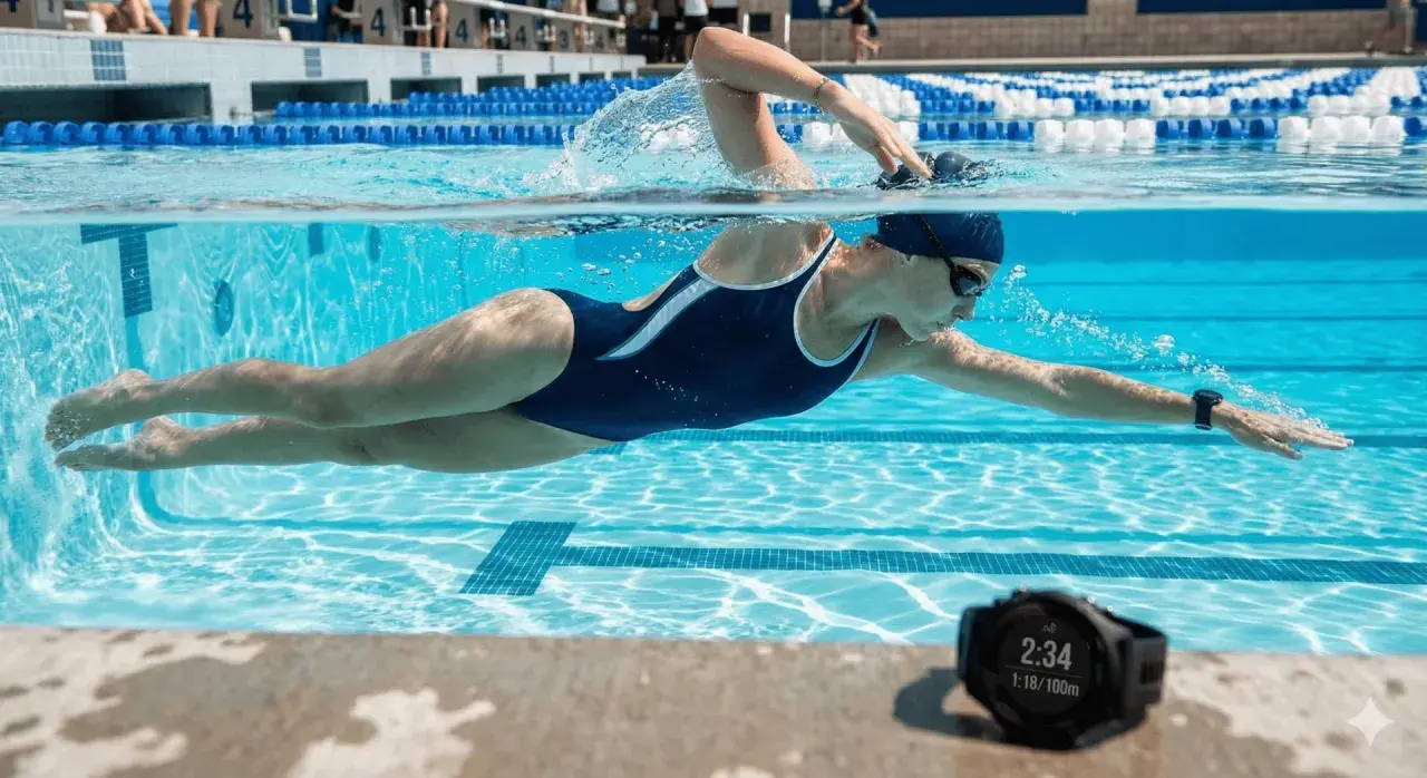 A swimmer performs the combat sidestroke in a pool, with a smartwatch on their wrist tracking their progress.