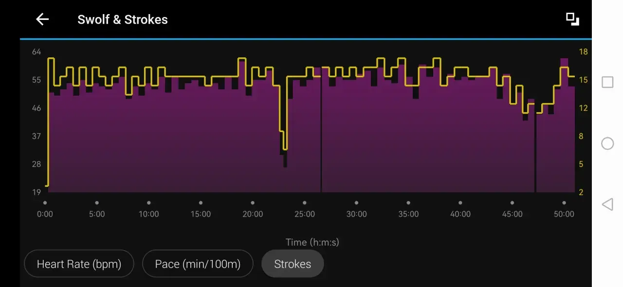 A graph showing swimming strokes over time. A good swolf score is indicated by lower numbers, suggesting efficiency.