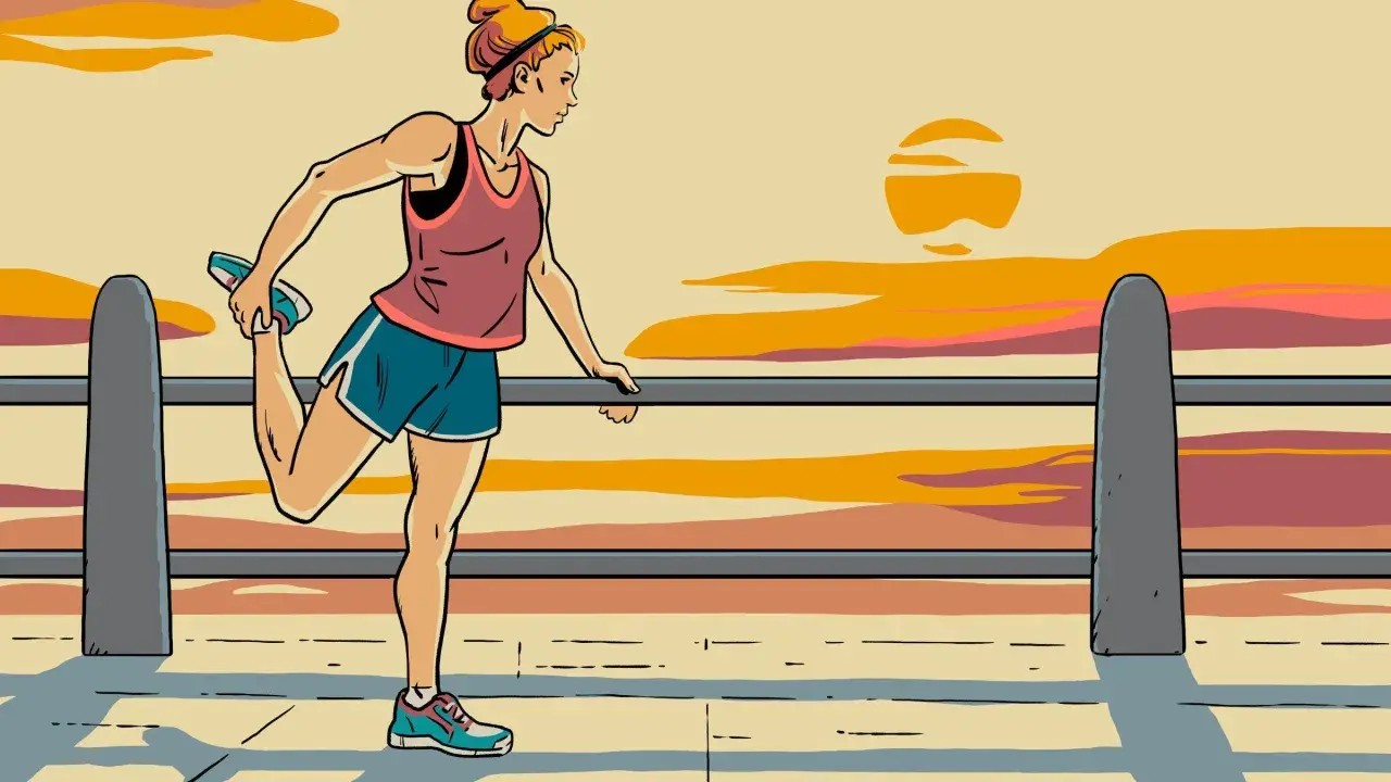 A woman stretches her leg before an epic sunset, ready for iron man races.