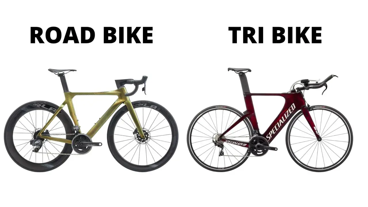 A gold road bike and a red tri bike are shown side-by-side, highlighting their distinct frame designs and handlebars for different cycling disciplines.