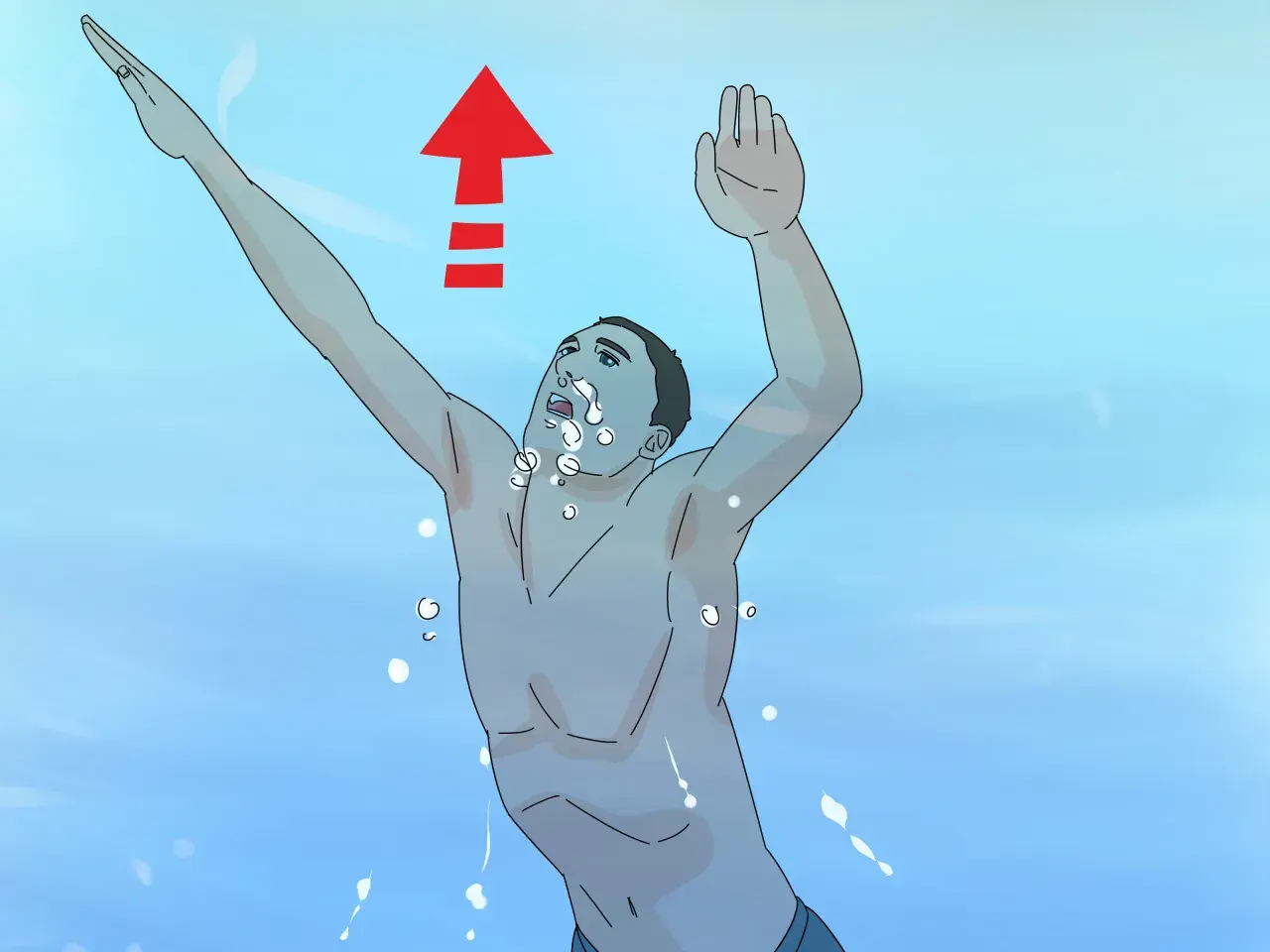 A swimmer demonstrates how to breathe in water, with an upward arrow indicating movement. Bubbles surround their face.