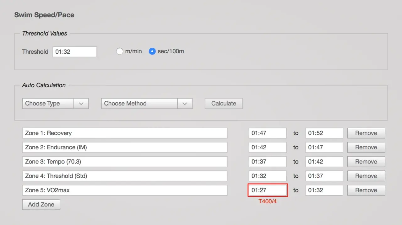 Swim training zones, including Zone 5: VO2max, with pace settings to improve VO2 max.