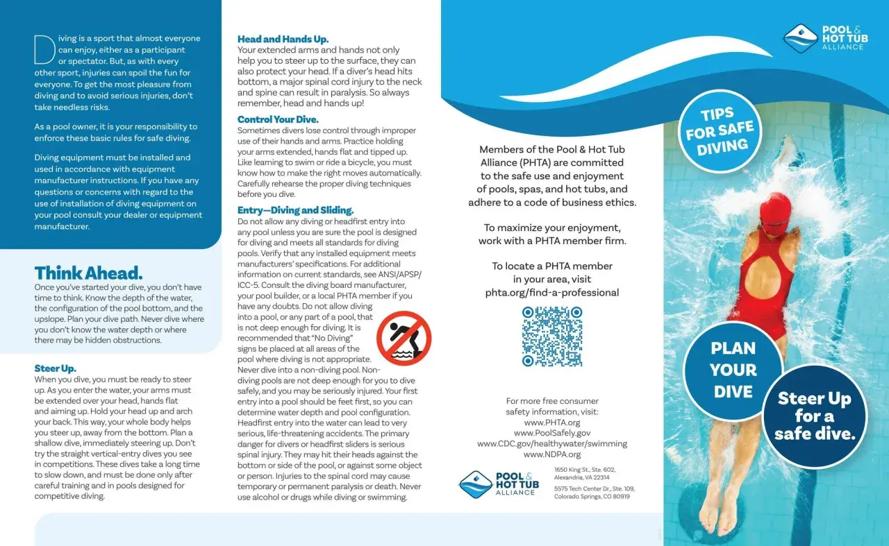 A swimmer in a red suit performs a dive, splashing water. Tips for safe diving are provided.