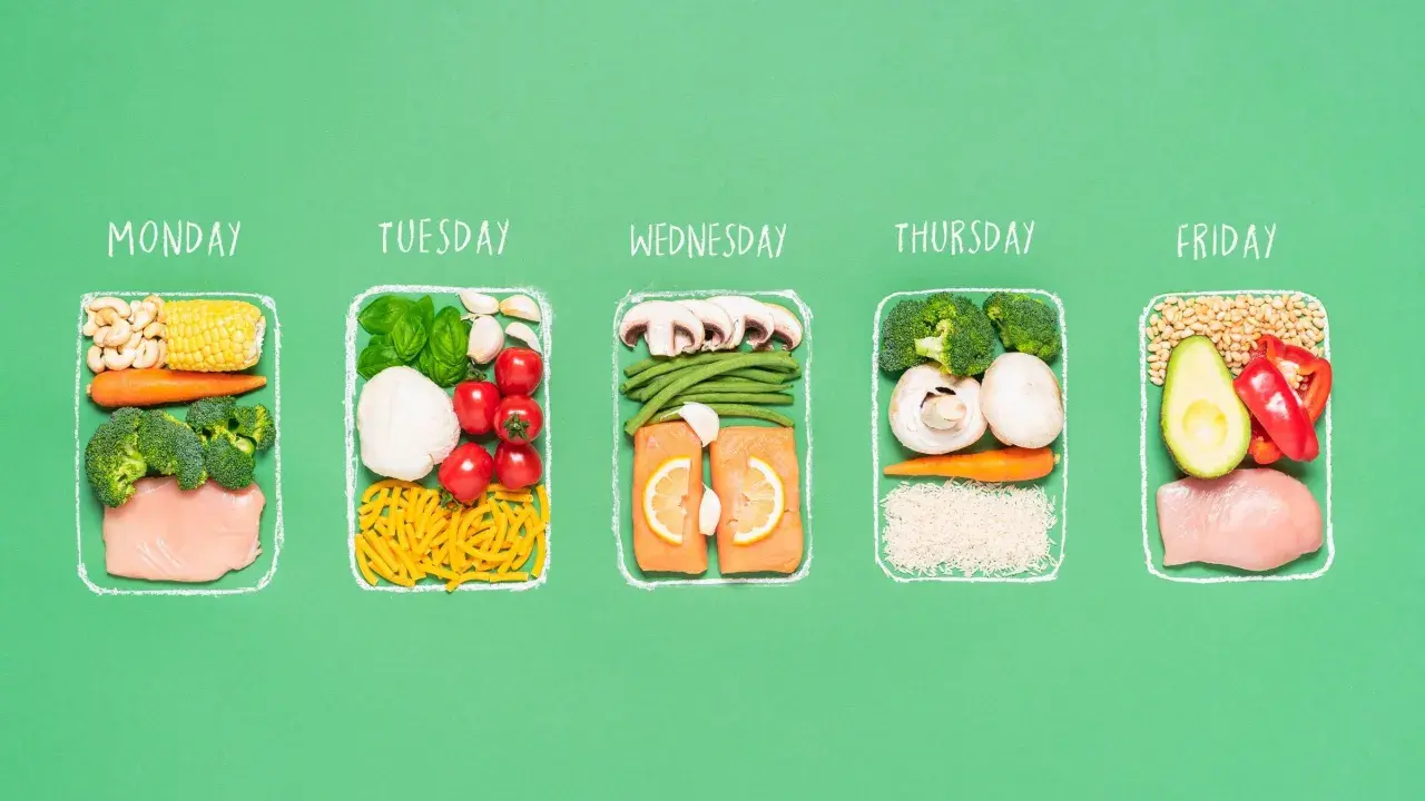 A week's triathlon meal plan laid out: Monday to Friday, featuring chicken, salmon, vegetables, grains, and healthy fats.