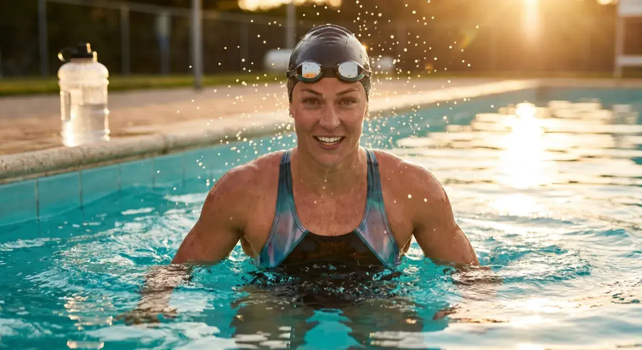 A swimmer emerges from the pool, water droplets flying. She smiles, her muscles defined. Do you sweat when you swim?