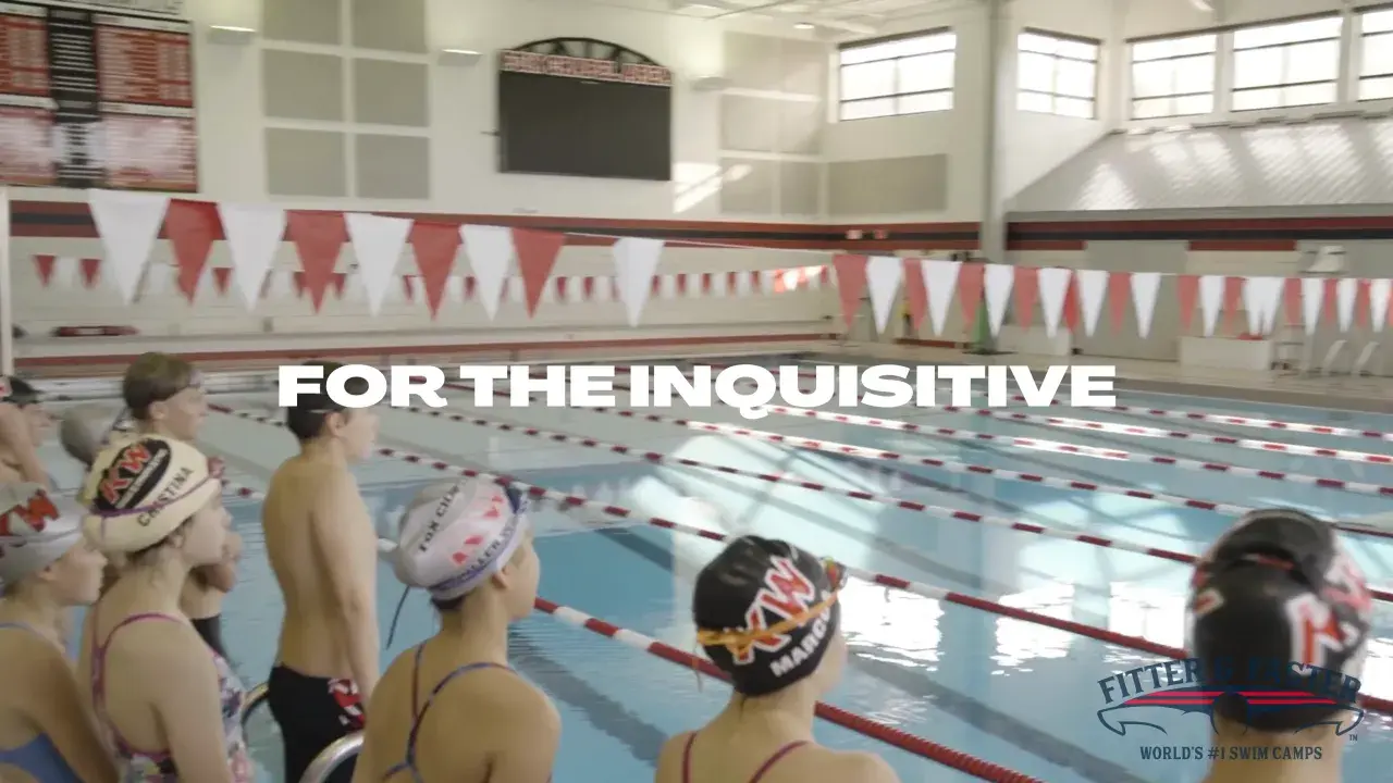 Young swimmers in a pool, ready for competitive swim lessons. The text "FOR THE INQUISITIVE" is prominent.