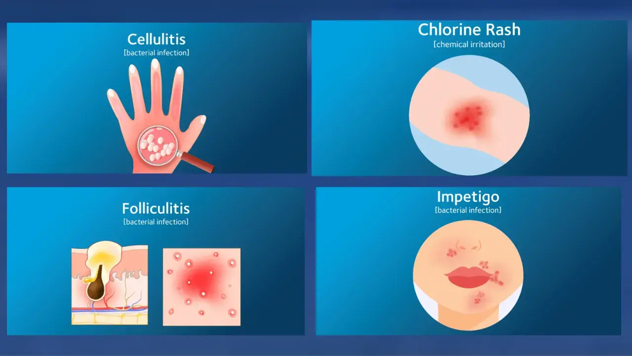 Illustrations show skin conditions: Cellulitis on a hand, Chlorine Rash on an arm, Folliculitis in skin layers, and Impetigo on a face. Can you swim with impetigo? No.