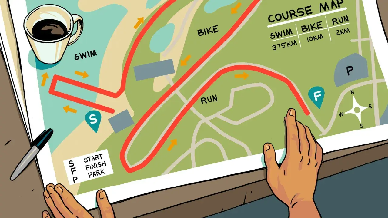 Course map showing swim, bike, and run routes with distances, perfect for beginner triathlon distances.