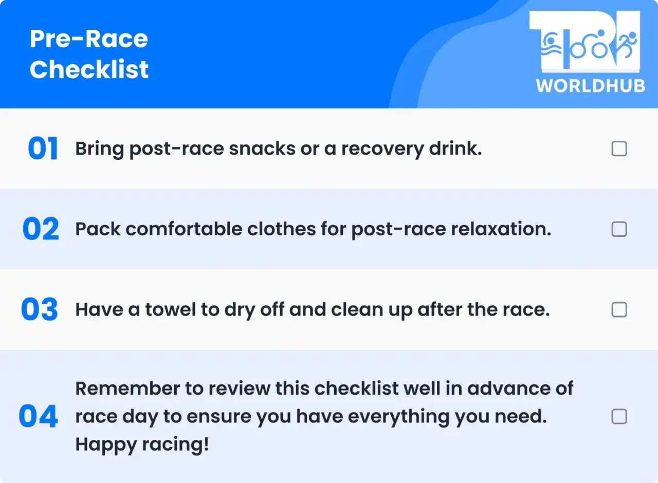 Pre-Race Checklist for your Ironman: snacks, comfy clothes, towel, and review it all!