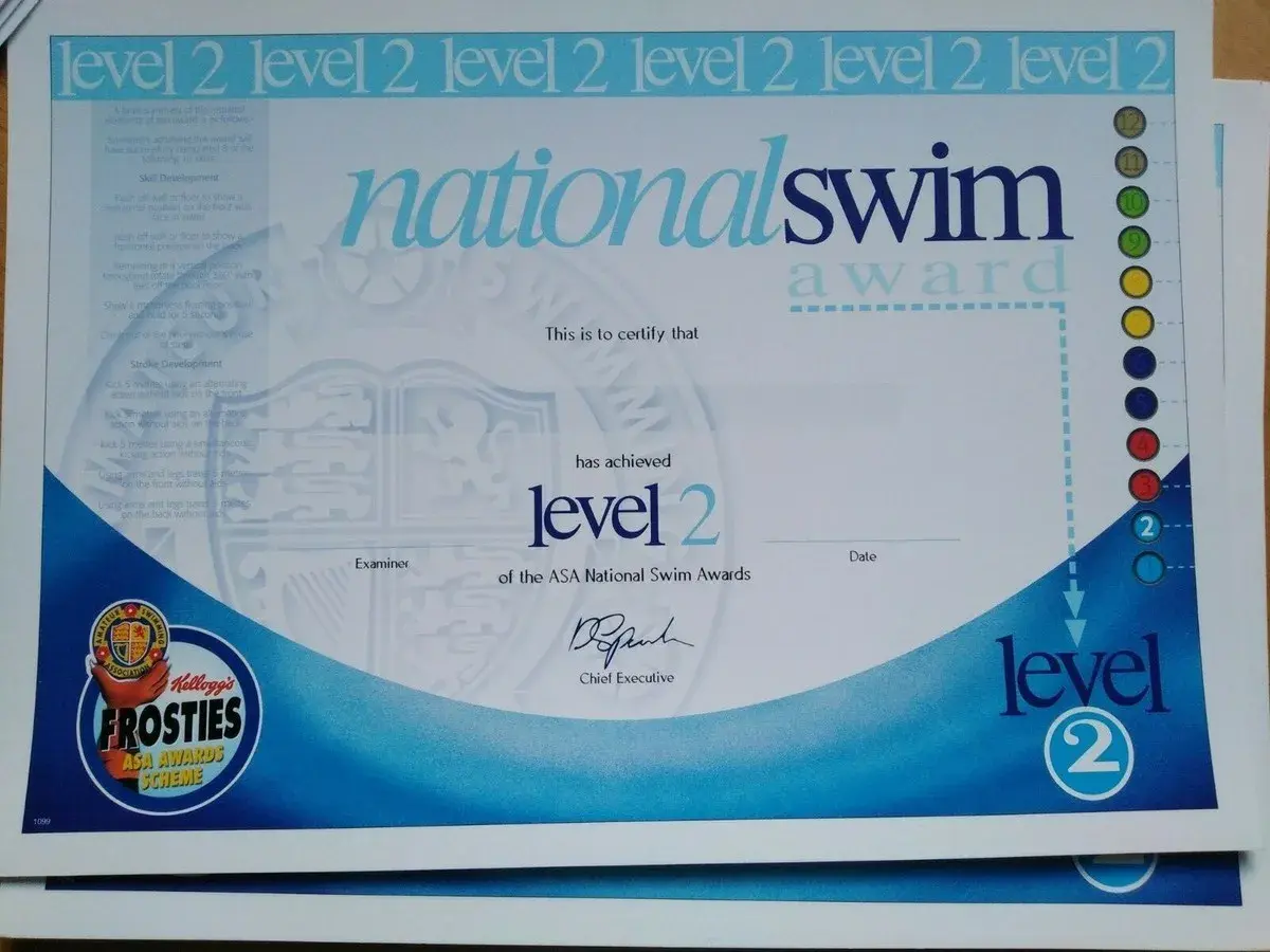 A swim certificate for National Swim Award Level 2, featuring Kellogg's Frosties ASA Awards Scheme.