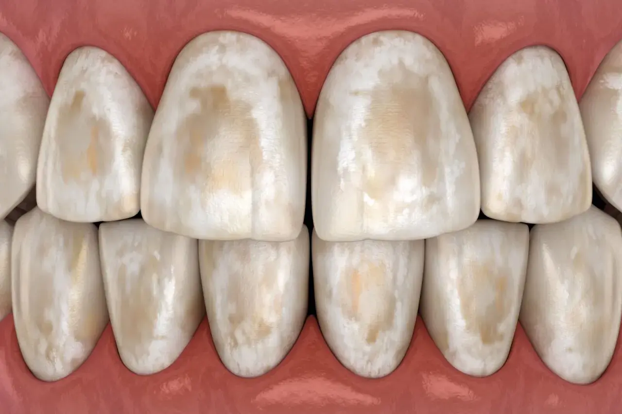 Close-up of stained teeth, showing discolored enamel with brown and white patches, reminiscent of swimmers teeth.