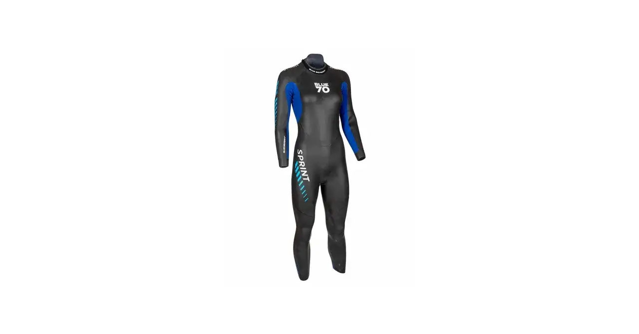 A black and blue full-body wetsuit, designed for a sprint triathlon, with