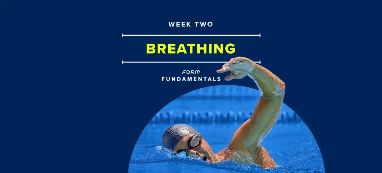 Swimmer in mid-stroke, perfecting their american crawl breathing technique. Text reads 