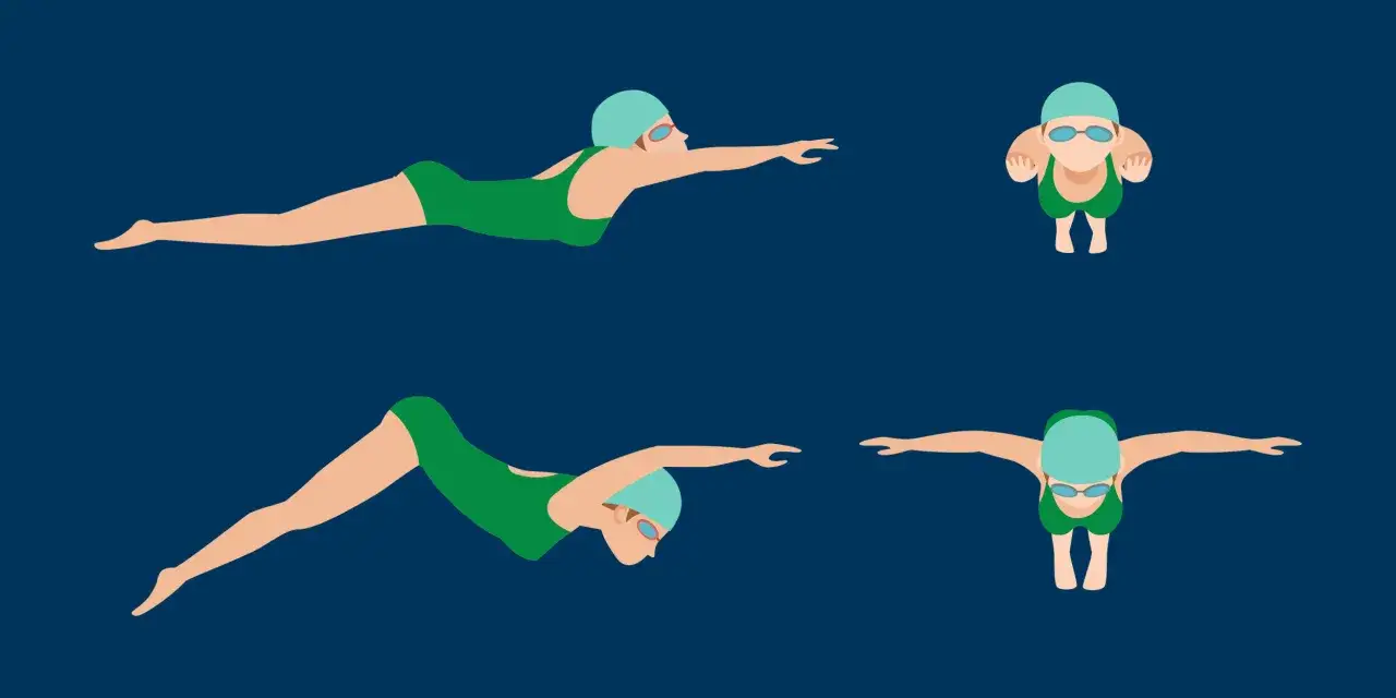 Four swimmers in green suits and blue caps show different swimming strokes. Their backs are visible as they glide through the water.