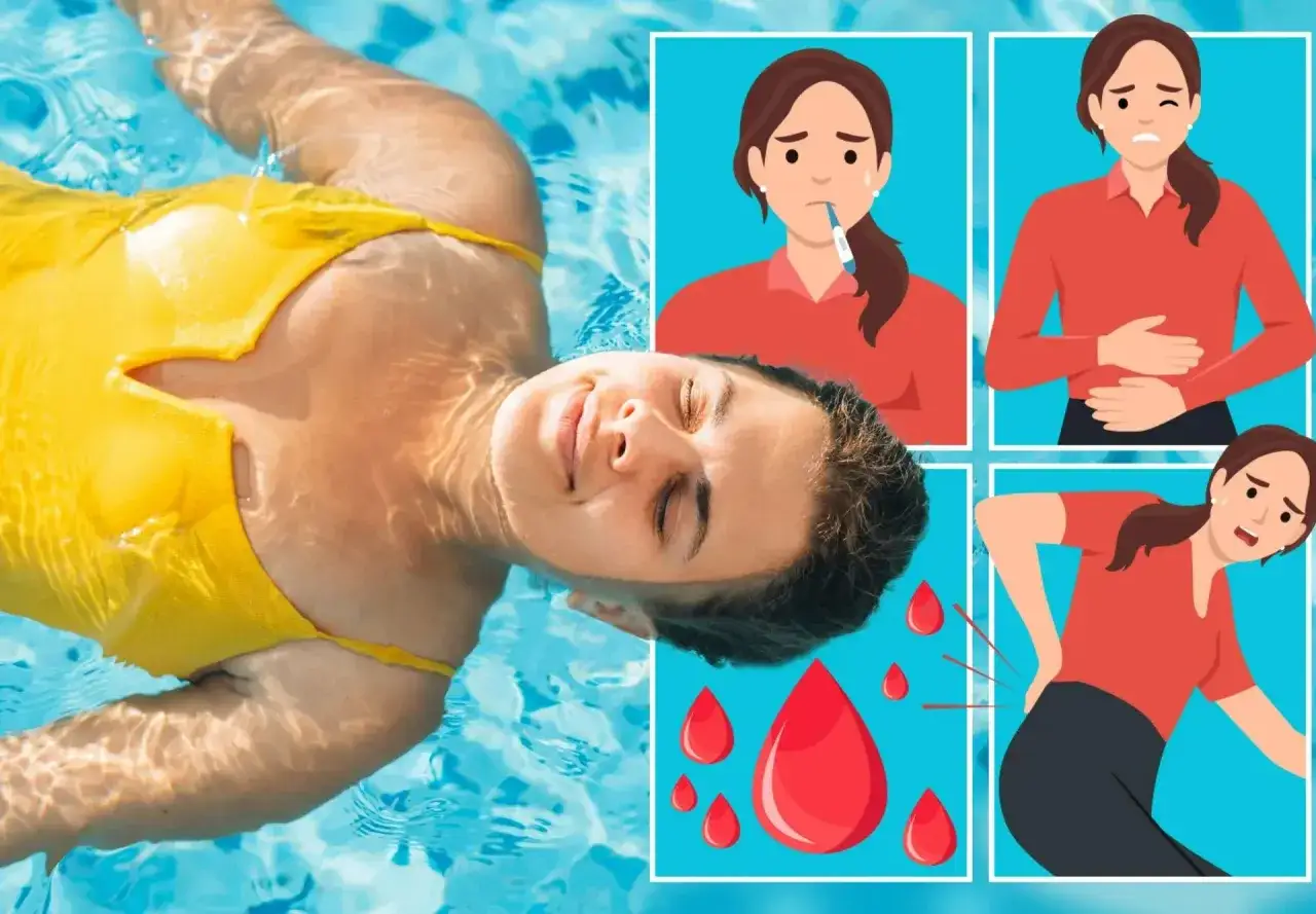 Woman in yellow swimsuit floats in pool. Inset images show symptoms of a UTI: fever, abdominal pain, and back pain.