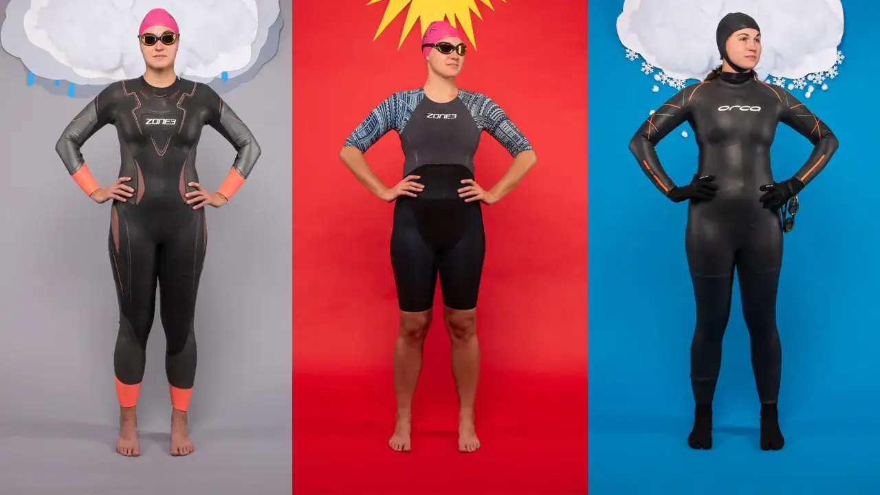 Three athletes showcase gear for how to train for a triathlon: wetsuits for swimming in various conditions, and cycling shorts.