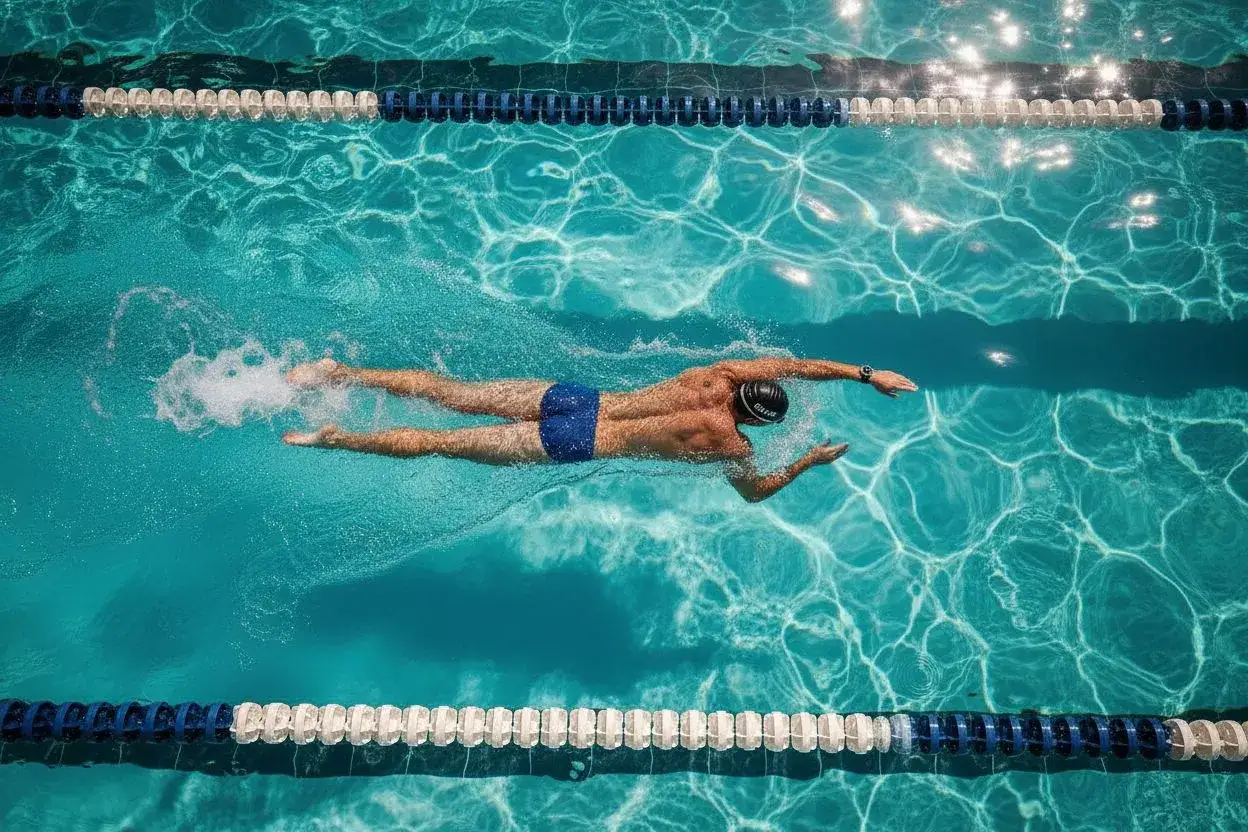 A swimmer glides through a pool, enjoying easy swim workouts. Sunlight dances on the water's surface, highlighting the swimmer's powerful strokes.