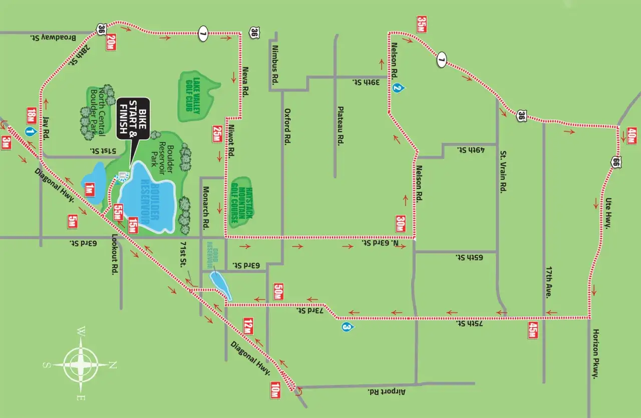 Map of the Boulder Half Ironman bike course, starting and finishing at Boulder Reservoir Park, winding through Boulder, Colorado.