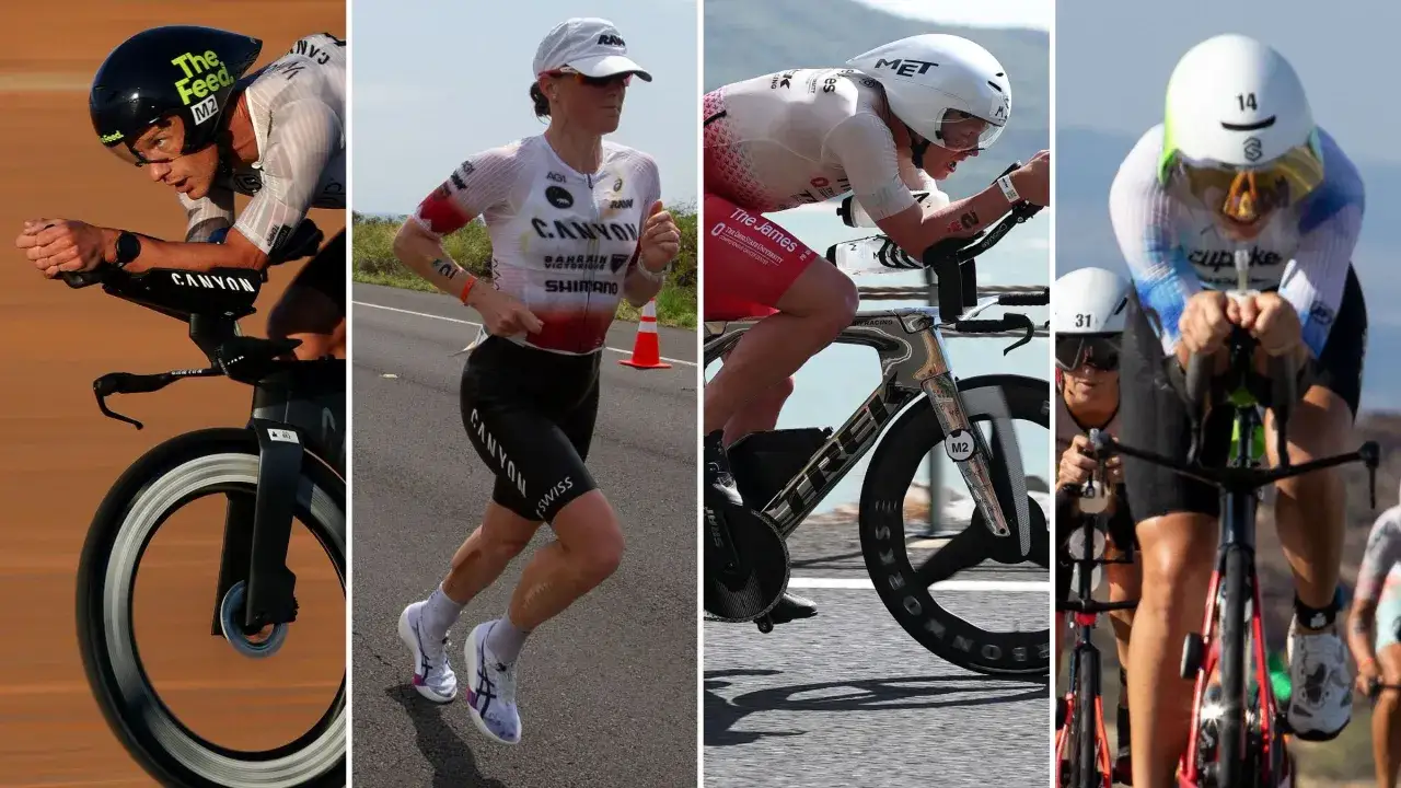 From couch to triathlon: athletes compete in cycling and running events, showcasing intense focus and athletic prowess.