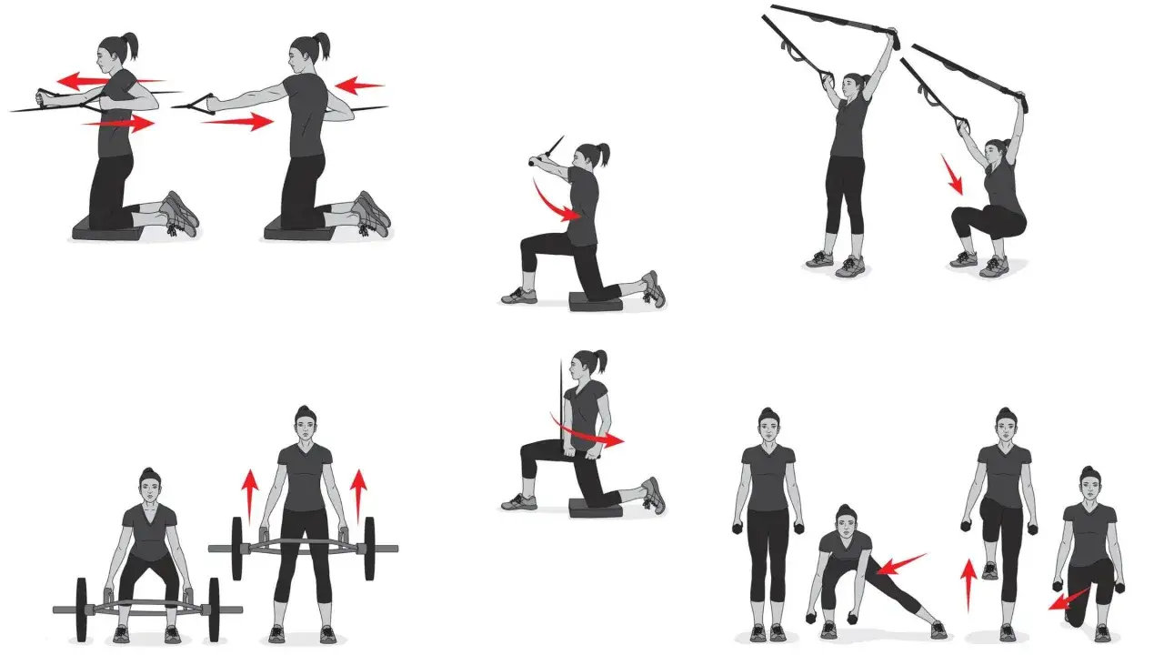 Illustrations show a woman performing various exercises for weight training for triathlon, including resistance band rows, TRX squats, barbell deadlifts, and lunges.