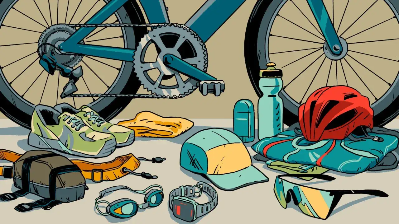 A collection of triathlon training gear, including a bike, helmet, shoes, goggles, and sportswear, ready for the next race.