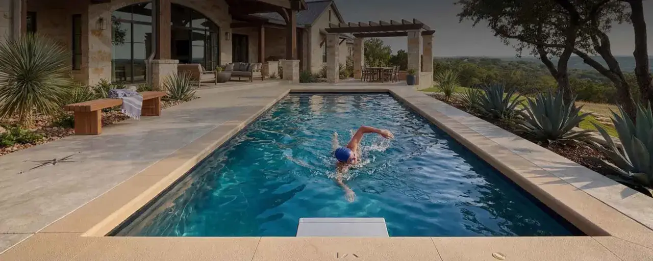 A person in a blue cap enjoys a refreshing swim workout in a rectangular pool, surrounded by a modern patio and lush landscaping.