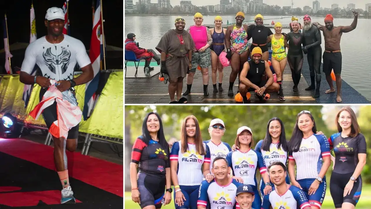 A man in a Black Panther-themed tri suit crosses a finish line. A group of swimmers poses by a lake, ready for one of the best triathlons. Another group of athletes smiles, also prepared for a triathlon.