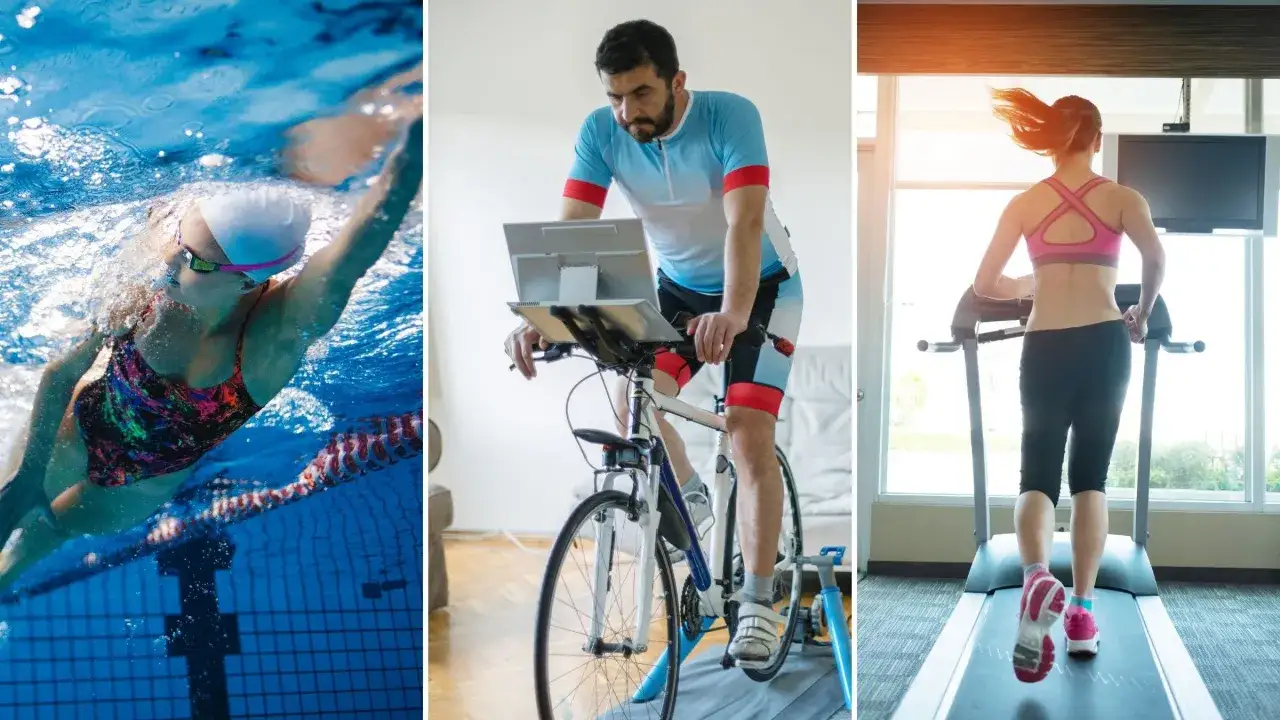 A collage showcasing an indoor triathlon: a swimmer in a pool, a man cycling indoors, and a woman running on a treadmill.