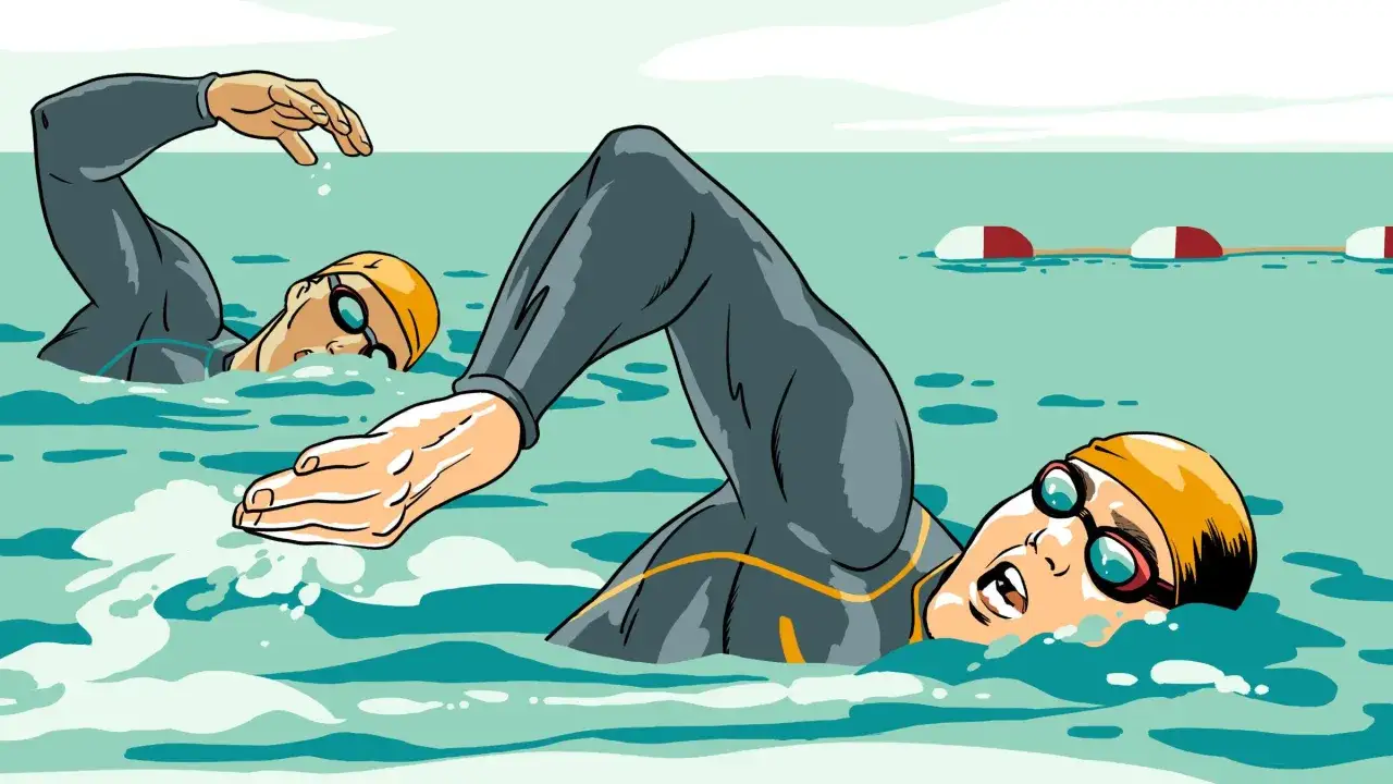 Two swimmers in a race, part of a 10 week sprint triathlon training plan. Buoys mark the course.