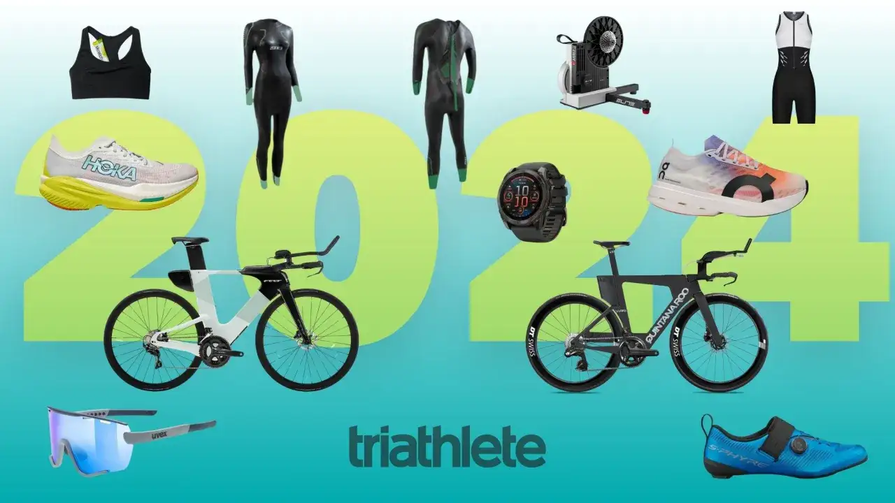 Gear up for your couch to triathlon journey! This image showcases essential equipment: wetsuits, running shoes, cycling shoes, two triathlon bikes, a smart watch, cycling glasses, and a bike trainer.