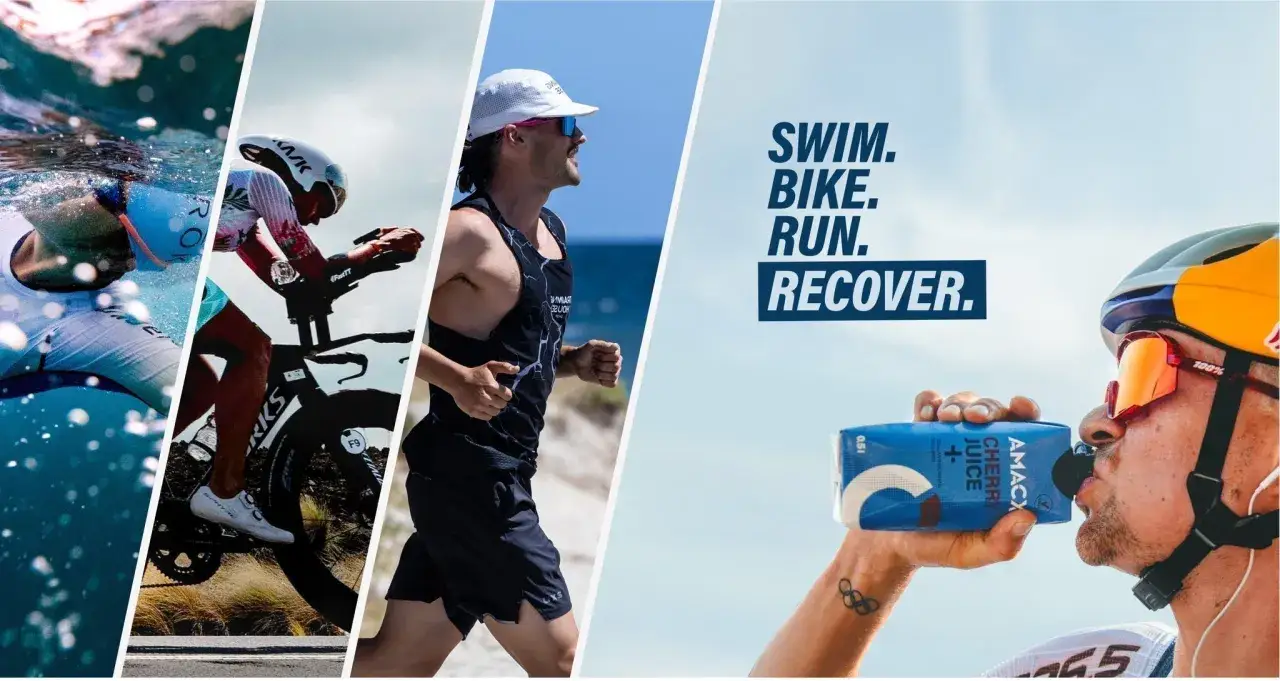 Triathlon training schedule: swim, bike, run, recover. Athlete drinks recovery juice after intense workout.