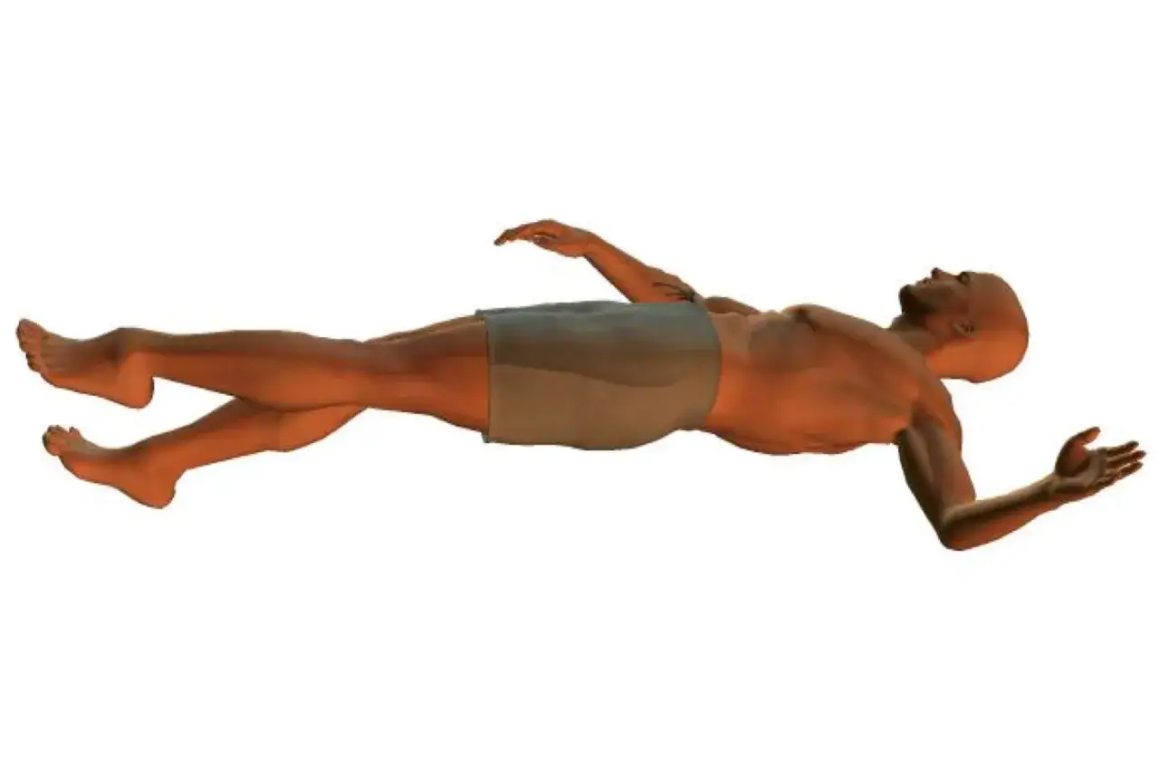 A swimmer demonstrates the backstroke arm movement, with one arm extended forward and the other bent, ready for the pull.