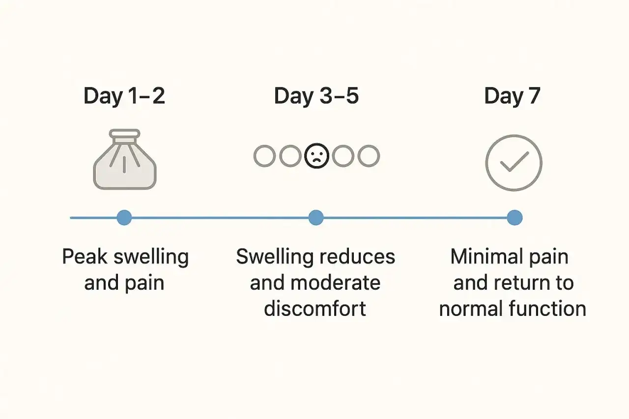Timeline shows recovery after wisdom teeth removal. Day 1-2: peak swelling. Day 3-5: swelling reduces. Day 7: minimal pain, return to normal function. You can swim after wisdom teeth removal when swelling is minimal.