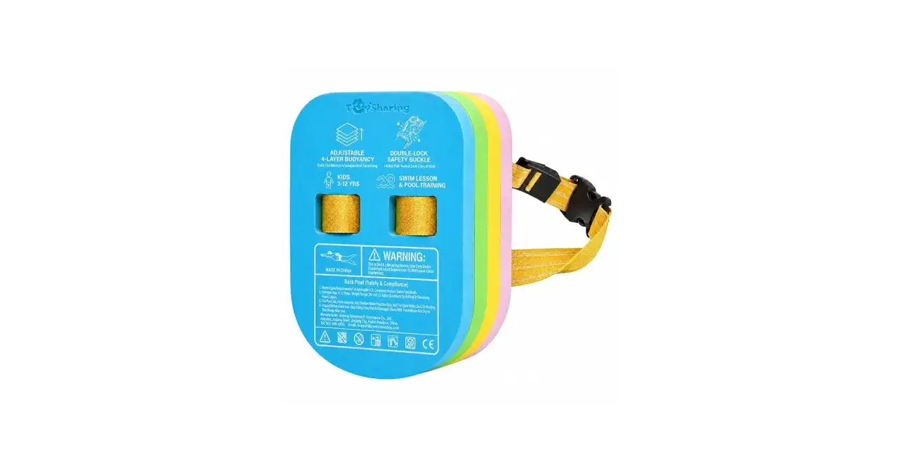A colorful, layered puddle jumper with a yellow strap and buckle, designed for kids aged 3-12 to build confidence in swimming.