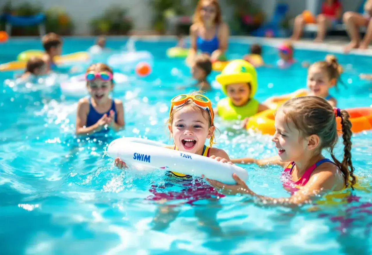 Children enjoy swim lesson games in a pool, splashing and laughing while holding a white inflatable ring.