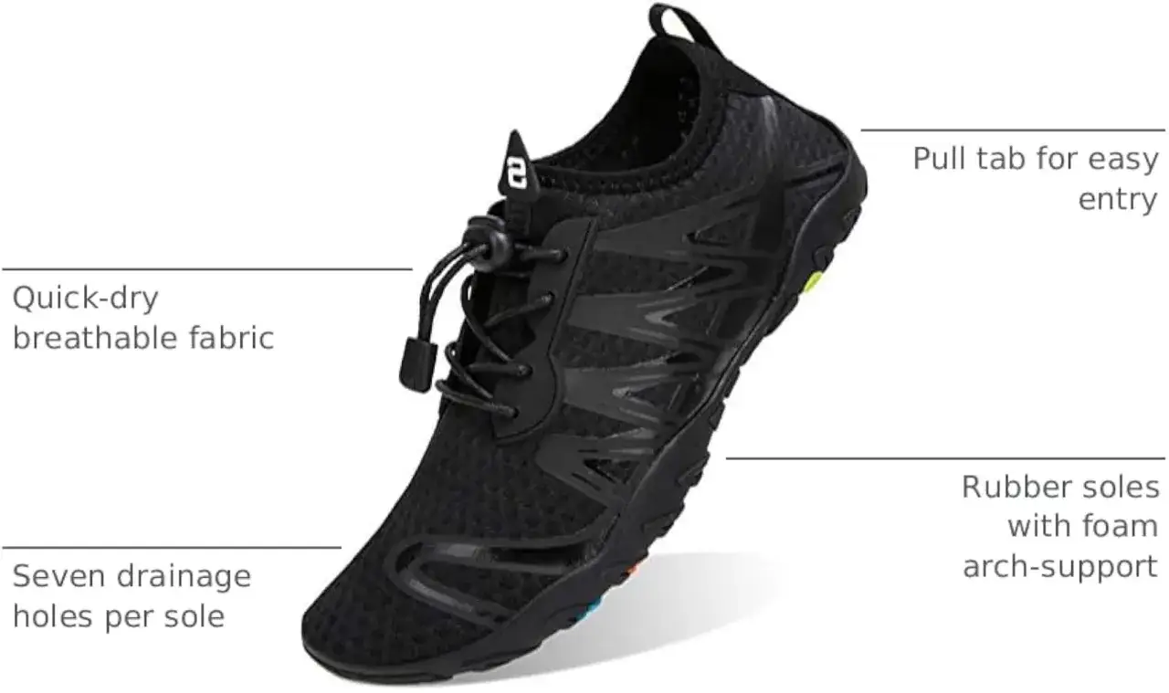 Black aqua jog shoes with quick-dry fabric, drainage holes, and rubber soles with arch support. Perfect for water activities.