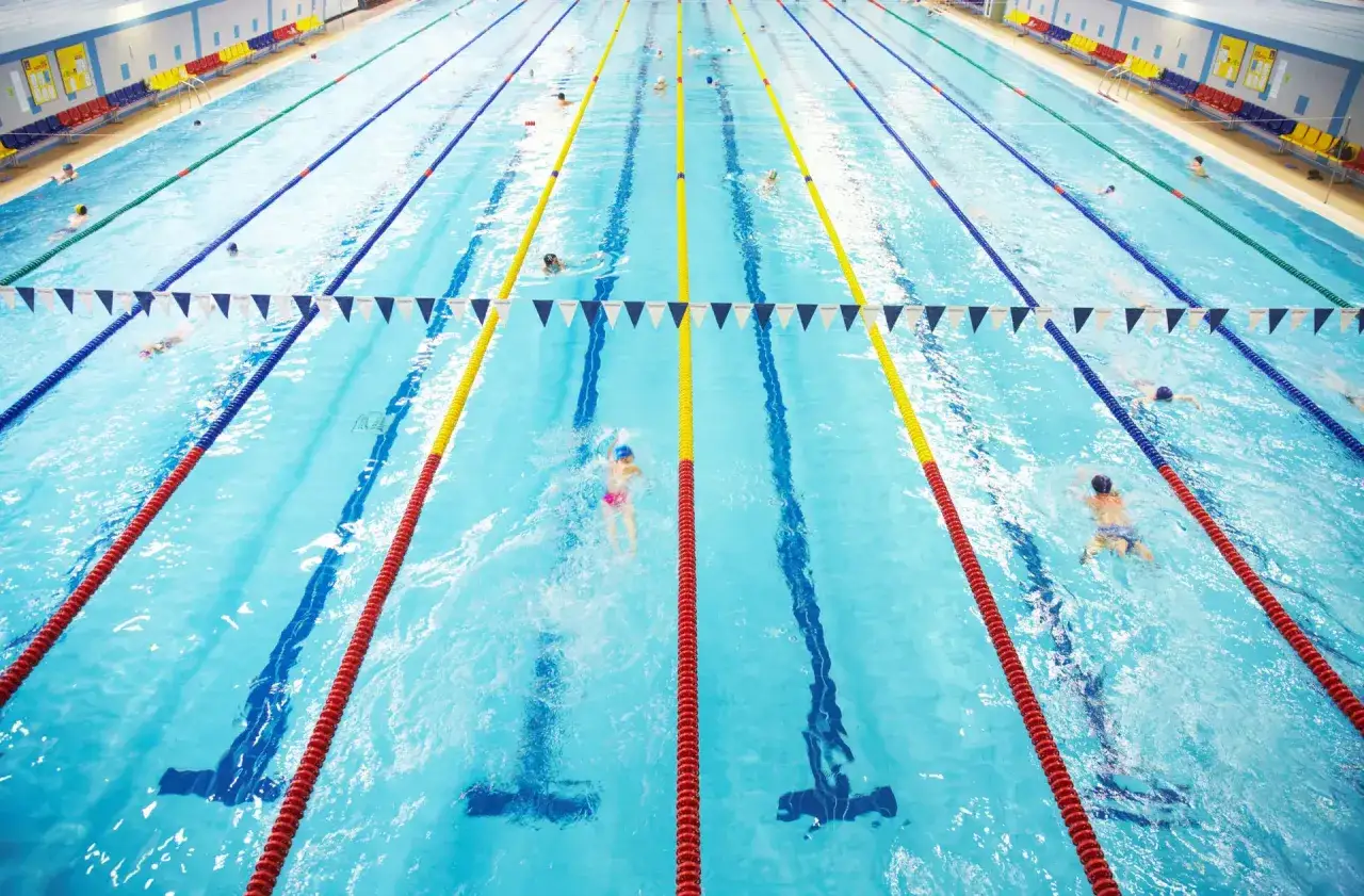 Swimmers practice in lanes, a perfect scene for a beginner swim workout.