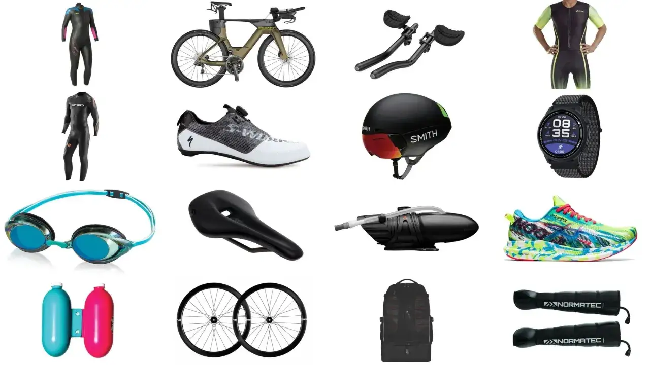 Gear for an olympic length triathlon: wetsuits, bike, helmet, shoes, goggles, saddle, hydration system, watch, wheels, backpack, and recovery boots.