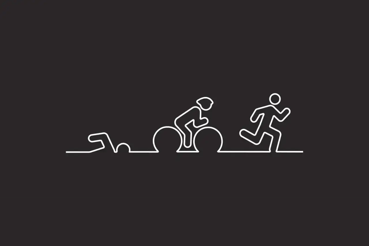A continuous white line depicts a swimmer, cyclist, and runner, symbolizing the ironman length challenge.