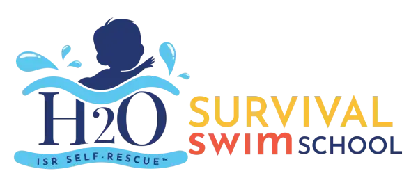 H2O Survival Swim School logo, featuring a baby silhouette in water. Learn ISR self-rescue vs. traditional swim lessons.