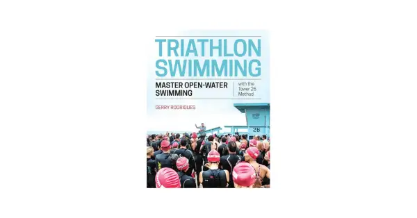 Book cover for "Triathlon Swimming" by Gerry Rodrigues, featuring a crowd of swimmers in wetsuits and caps preparing for open-water training.