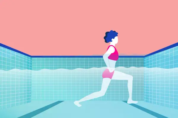 A person in pink swimwear performs a lunge in a tiled pool, showcasing effective swim fitness.