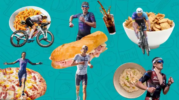 Triathlon nutrition: Athletes race past pasta, pizza, sandwiches, cereal, and rice dishes, fueling their endurance.